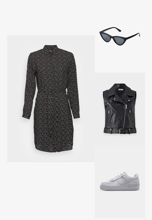 Zwarte leren mouwloze biker vest met een kraag, meerdere ritszakken en een ceintuur in de taille. Textuuroppervlak en metalen hardware accenten.; Zwarte jurk met een witte stippenpatroon, lange mouwen, knoopsluiting en een getailleerde taille. Glad stof met een kraag.; Grijze Nike Air Force 1 sneaker met geperforeerde neus, glad leren bovenwerk, dikke zool en verhoogde 'AIR' details op de hiel.; Zwarte cat-eye zonnebril met donkergrijze lenzen, slank plastic frame, puntige hoeken en rechte pootjes. Geen zichtbare hardware of accenten.