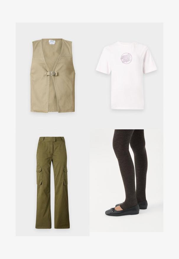 Beige ærmeløs vest lavet af holdbart stof, med en dyb V-hals, frontlukning med spænde og et rent, minimalisk design.; Hvid bomulds t-shirt med korte ærmer, der har et cirkulært pink broderet logo med stiliseret tekst i midten.; Oliven grønne cargo bukser lavet af bomuldsblanding, med lige ben design, to sidelommer og en knaplukning i taljen.; Ben iført mørke ribbede leggings kombineret med sorte balletsko med små sløjfedetaljer på hvid baggrund.