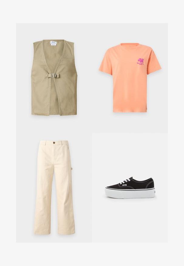 Beige ærmeløs vest lavet af holdbart stof, med en dyb V-hals, frontlukning med spænde og et rent, minimalisk design.; Fersken kortærmet T-shirt med rund halsudskæring med lille lilla hibiscusblomst og kursiv tekst på venstre bryst.; Bredde-beige bukser lavet af bomuld med knaplukning, udstyret med sidelommer og et rent, minimalistisk design.; Sort lærred sneakers med en hvid gummi platform sål, der har hvide snørebånd og syninger, ikonisk branding på siden, lav-top design.