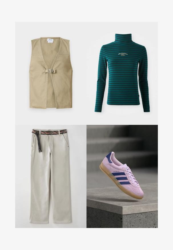 Beige ærmeløs vest lavet af holdbart stof, med en dyb V-hals, frontlukning med spænde og et rent, minimalisk design.; Langærmet turtleneck top i teal med mørkeblå vandrette striber. Har et lille hvidt og guld logo på brystet. Blødt, strækbart stof.; Lysegrå bukser med brede ben og et sort bælte med orange flamme mønstre. Fremstillet af bomuld med sidelommer og en afslappet silhuet.; Lyse lilla Adidas Gazelle sneaker med marineblå striber og hælfane, gummisål, svævende over en stenhylde med slørede trapper i baggrunden.