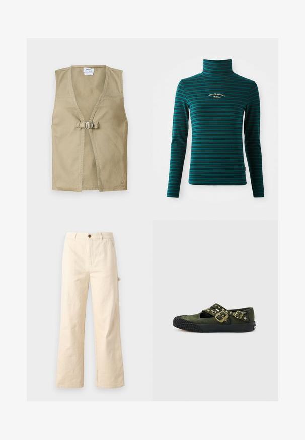 Beige ærmeløs vest lavet af holdbart stof, med en dyb V-hals, frontlukning med spænde og et rent, minimalisk design.; Langærmet turtleneck top i teal med mørkeblå vandrette striber. Har et lille hvidt og guld logo på brystet. Blødt, strækbart stof.; Bredde-beige bukser lavet af bomuld med knaplukning, udstyret med sidelommer og et rent, minimalistisk design.; Olivengrøn ruskind Mary Jane sneaker med sort gummisål, rillet snude, stjerneformede nitter og to stropper med messingspænder.