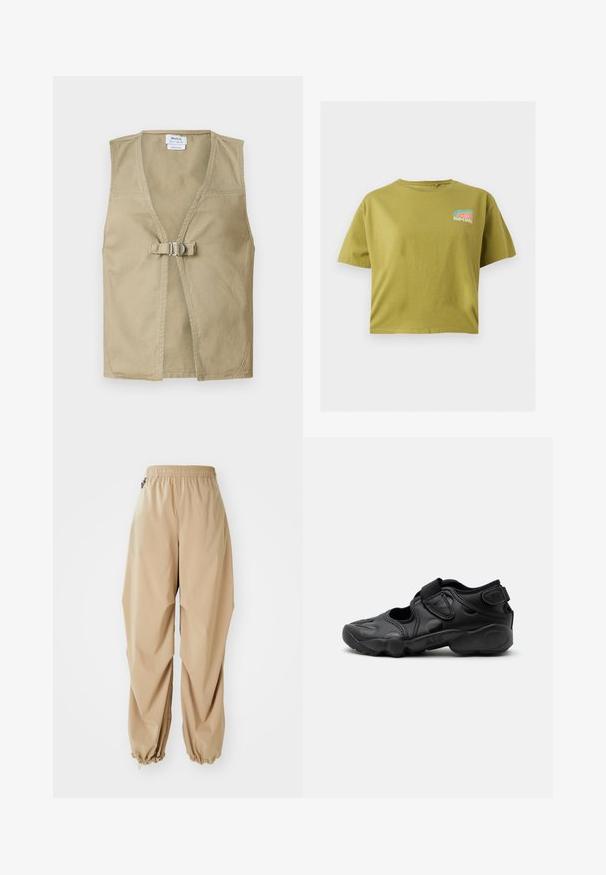 Beige ærmeløs vest lavet af holdbart stof, med en dyb V-hals, frontlukning med spænde og et rent, minimalisk design.; Kort olivengrøn T-shirt med korte ærmer og Rip Curl-logo i blå, pink og hvid på øverste venstre bryst.; Beige letvægtsbukser med elastisk talje, tapered manchetter og en glat tekstur, der har en afslappet pasform og ingen synlige mønstre eller udsmykninger.; Sort atletisk sandal med lukket tå, velcro stropper ved mellemfoden og hælen samt tyk polstret sål markeret med "AIR" på siden.