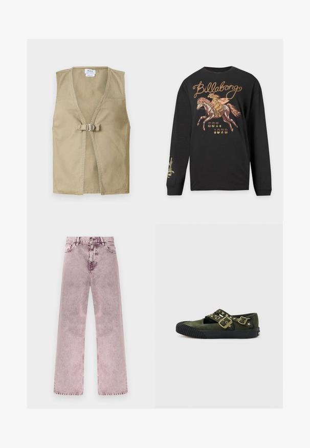 Beige ærmeløs vest lavet af holdbart stof, med en dyb V-hals, frontlukning med spænde og et rent, minimalisk design.; Sort langærmet skjorte med grafik af en cowboy, der surfer på en hest, teksten ""Billabong"" og ""est. 1973"" foran.; Høj talje, vide ben jeans i falmet pink denim med forreste knap, lynlåslukning, bæltestropper samt lommer foran og bagpå.; Olivengrøn ruskind Mary Jane sneaker med sort gummisål, rillet snude, stjerneformede nitter og to stropper med messingspænder.