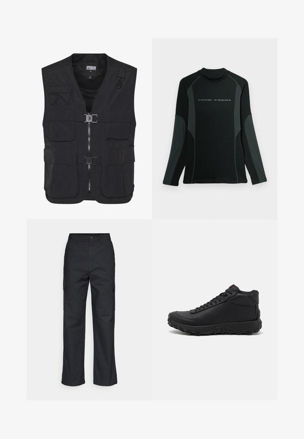 Chaleco de utilidad negro hecho de tela ligera, con múltiples bolsillos frontales, cierre con cremallera y un interior de malla para ventilación.; Camisa negra de manga larga con cuello alto, hecha de una tela texturizada. Presenta paneles laterales grises y el logo "NIKE TECH" en el pecho.; Pantalones cargo negros con un diseño de pierna recta, que cuentan con bolsillos laterales y una tela texturizada. Cierre de botón en la cintura para un ajuste seguro.; Zapatillas altas negras hechas de cuero texturizado, con suela de goma gruesa con patrones de tracción y diseño de cordones. Acabado en rojo en la lengüeta.