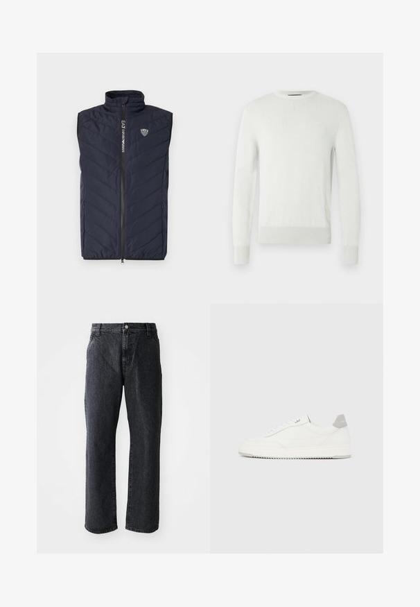 Marineblaue ärmellose Steppweste mit vertikalem Steppmuster, hohem Kragen, durchgehendem Reißverschluss und Logo auf der Brust.; Hellgrauer Sweatshirt mit Rundhalsausschnitt aus weichem Strickmaterial. Verfügt über gerippte Bündchen und Saum, mit einer dezenten Textur und minimalistischem Design.; Schwarze Denim-Jeans mit geradem Schnitt, ausgestattet mit einem Knopfverschluss, fünf Taschen und subtiler Textur. Klassisches Design ohne auffällige Muster.; Weißer Sneaker mit niedrigem Schaft, grauem Fersenlaschen, weißen Schnürsenkeln und einer strukturierten Sohle, dargestellt vor einem schlichten hellen Hintergrund.