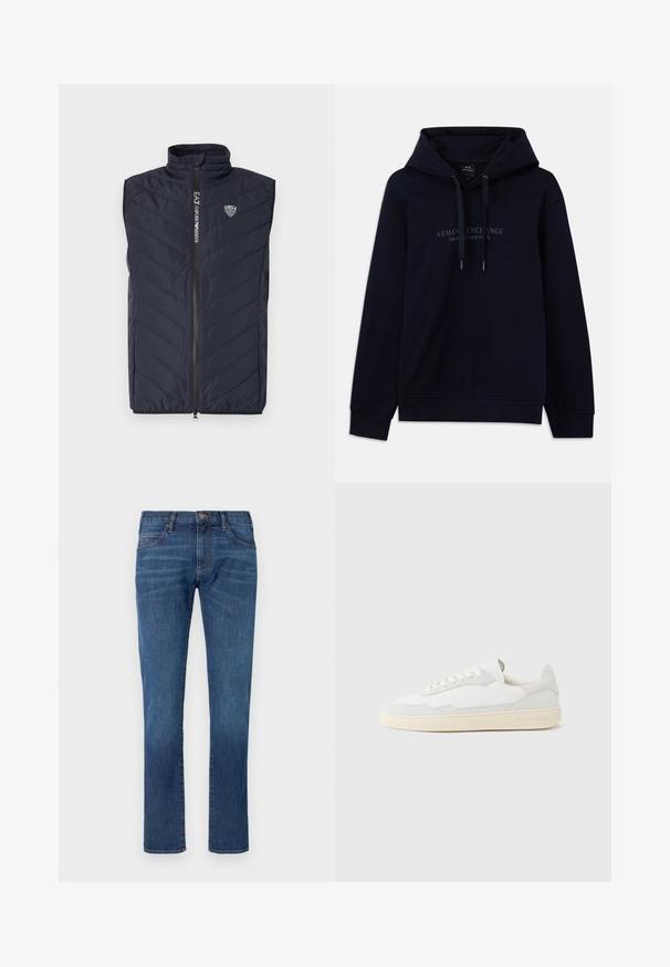 Mørkeblå ærmeløs puffer vest med lodret quiltet mønster, høj krave, fuldlængde lynlås og logo på brystet.; Marineblå hoodie med snoretræk og "Armani Exchange Milano / New York" trykt på brystet, med ribbede manchetter og kant.; Blå denimjeans med lige ben, der har et klassisk design med fem lommer og knaplukning. Diskret falming over stofteksturområdet.; Hvid sneakers med en øvre del i tekstureret ruskind og læder. Har rundet tå, snørelukning og kontrasterende beige gummisål.
