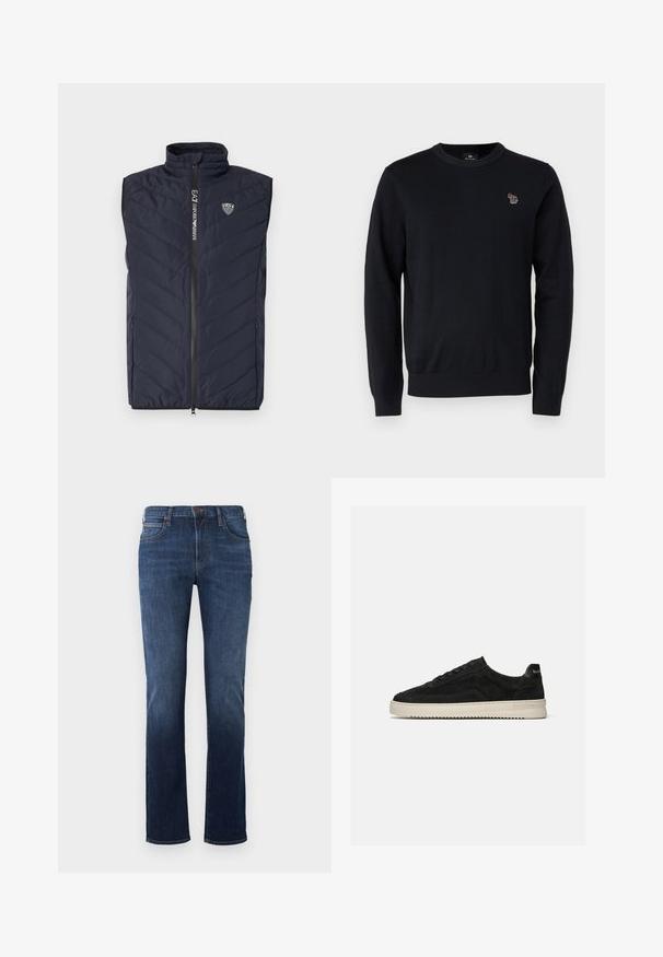 Chaleco sin mangas acolchado de color azul marino con patrón de acolchado vertical, cuello alto, cremallera de longitud completa y logo en el pecho.; PS Paul Smith CREW NECK - Jersey de punto - black; Vaqueros azul oscuro con un corte recto, hechos de mezclilla. Presentan un diseño clásico de cinco bolsillos, costuras cosidas y un cierre de un solo botón.; Zapatilla deportiva baja de ante negro con cordones negros y suela de goma blanca, vista lateral sobre fondo gris claro liso.