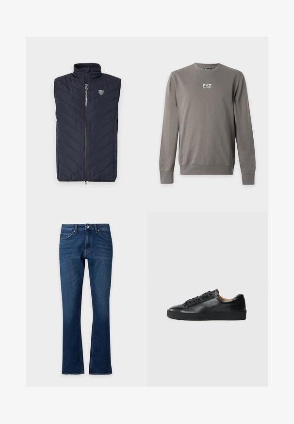 Mørkeblå ærmeløs puffer vest med lodret quiltet mønster, høj krave, fuldlængde lynlås og logo på brystet.; Langærmet grå crewneck-sweatshirt med EA7 Emporio Armani-logo i hvid på brystet, ribstrikkede manchetter og kant.; Mørkeblå denimjeans med let vidde, frontknap og lynlåslukning samt klassisk design med fem lommer.; Sorte lædersneakers med en glat overflade, rund tå og snørebåndslukning. Har en tyk gummisål og minimal branddetalje.