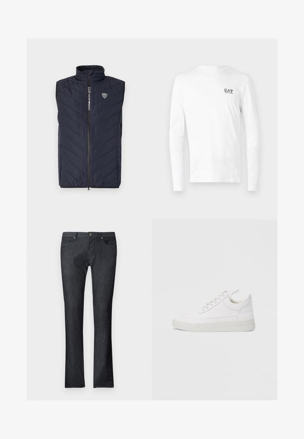 Mørkeblå ærmeløs puffer vest med lodret quiltet mønster, høj krave, fuldlængde lynlås og logo på brystet.; Hvid langærmet T-shirt lavet af bomuld, med et lille sort EA7-logo på venstre brystområde. Enkel design med rund halsudskæring.; Mørkeblå denimjeans med et lige ben snit, der har lommer foran og bagpå, en lukning med metalknap og subtile syningsdetaljer.; Hvid lædersneaker med rundet tå, flad sål og snørebånd foran. Har syningsdetaljer og polstret krave for komfort.
