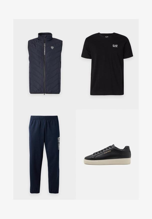 Marineblaue ärmellose Steppweste mit vertikalem Steppmuster, hohem Kragen, durchgehendem Reißverschluss und Logo auf der Brust.; Schwarzes Baumwoll-T-Shirt mit V-Ausschnitt und kurzen Ärmeln. Mit einem weißen EA7-Logo auf der linken Brust. Glatte Textur, normale Passform.; Marineblaues Sweatpants mit elastischem Bund, zulaufenden Beinen und einem weißen Logo an der Seite. Glattes Gewebe mit leichter Textur.; Schwarze Leder-Sneaker mit glatter Oberfläche, kontrastierender cremefarbener Sohle, abgerundeter Spitze, goldfarbenem Logo an der Seite und sechs Ösen für die Schnürsenkel.