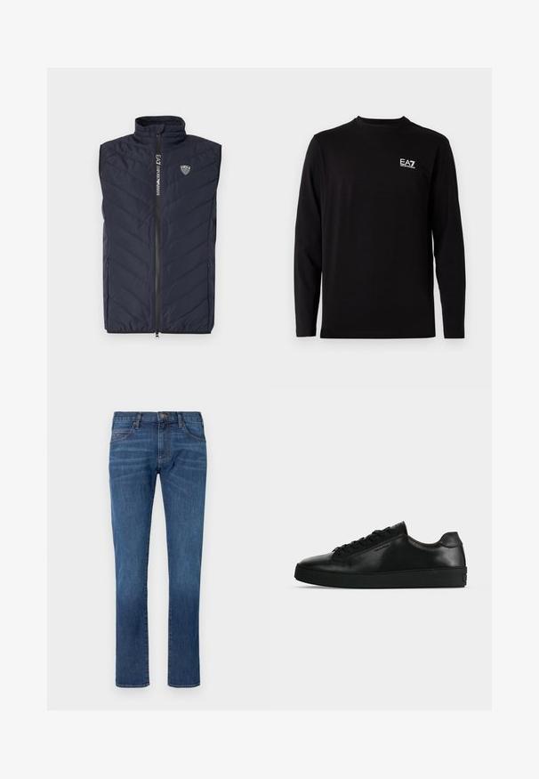 Marineblaue ärmellose Steppweste mit vertikalem Steppmuster, hohem Kragen, durchgehendem Reißverschluss und Logo auf der Brust.; Schwarzes Langarmshirt aus weichem Stoff. Verfügt über ein kleines weißes Logo auf der linken Brustseite. Einfacher, runder Ausschnitt und gerader Schnitt.; Blaue Jeans aus Denim mit geradem Bein, ausgestattet mit klassischem Fünf-Taschen-Design und Knopfverschluss. Dezentes Ausbleichen über der Stoffstruktur.; Schwarzer niedriger Ledersneaker mit schwarzen Schnürsenkeln und dicker schwarzer Sohle, von der Seite auf hellgrauem Hintergrund gezeigt.