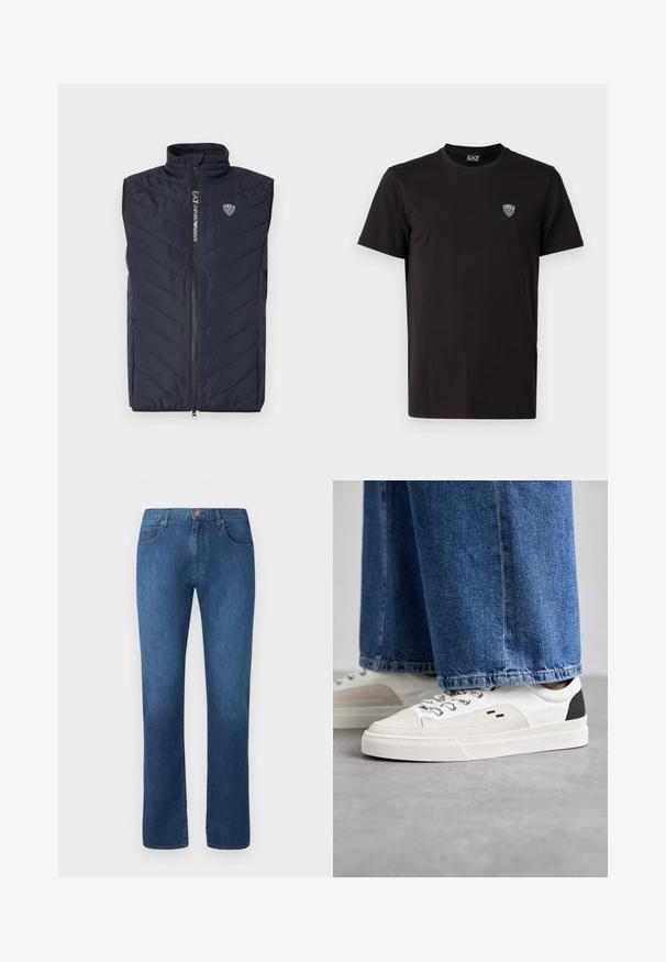 Chaleco sin mangas acolchado de color azul marino con patrón de acolchado vertical, cuello alto, cremallera de longitud completa y logo en el pecho.; Camiseta negra de manga corta hecha de una tela suave, con un sutil logo bordado en el lado izquierdo del pecho y un clásico cuello redondo.; Vaqueros de mezclilla de color azul oscuro con un diseño de pierna recta, cinco bolsillos y cierre de botón en la parte frontal. Textura suave y detalles de costura clásicos.; Zapatillas blancas y negras con una parte superior de cuero suave, acentos texturizados y una suela blanca gruesa. Presenta un diseño clásico de cordones.