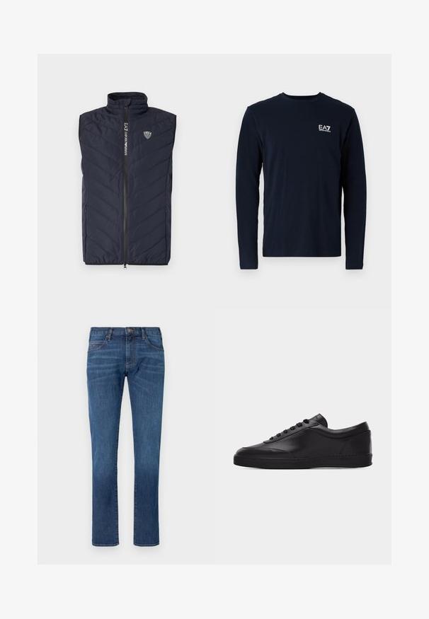 Mørkeblå ærmeløs puffer vest med lodret quiltet mønster, høj krave, fuldlængde lynlås og logo på brystet.; Navy langærmet t-shirt lavet af bomuld, med rund hals og et lille hvidt EA7-logo på venstre bryst. Glat tekstur.; Blå denimjeans med lige ben, der har et klassisk design med fem lommer og knaplukning. Diskret falming over stofteksturområdet.; Sort lavtstående lædersneaker med snørebånd foran og flad gummisål, vist fra siden på en ensartet hvid baggrund.