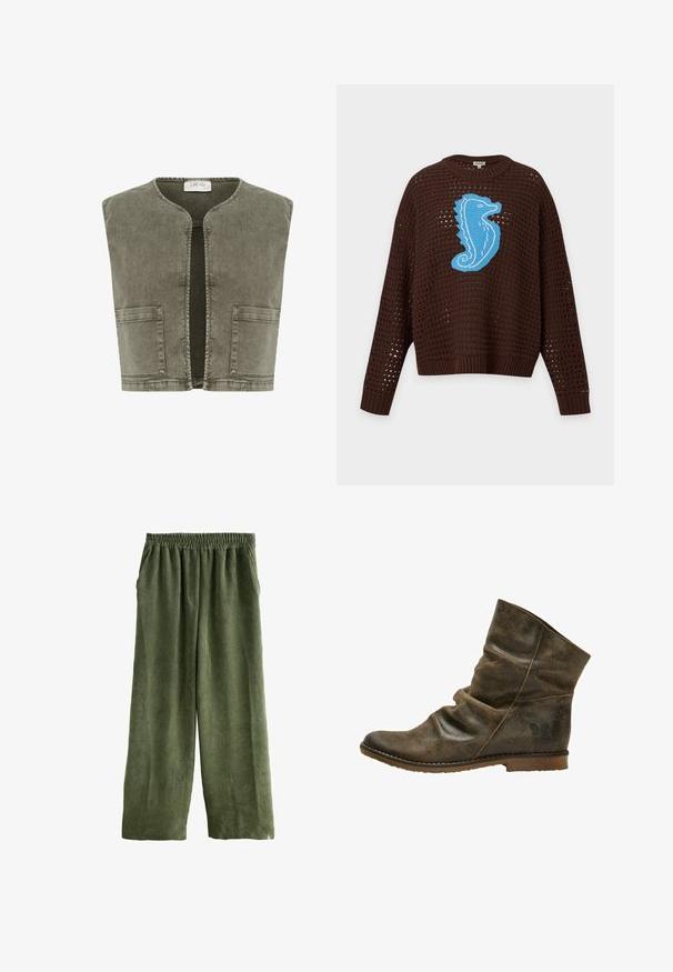 Cream CRMELANIE - Bodywarmer - heavy washed green; Donkerbruine gebreide trui met open geweven motief en een groot blauw zeepaardje op de borst, met geribbelde manchetten en tailleband.; Olijfgroene wijdvallende corduroy broek met een elastische tailleband en zijzakken, gekenmerkt door een verticale ribbelstructuur over de hele lengte.; Bruine leren enkellaars met een slouchy ontwerp, voorzien van een subtiele textuur, ronde neus en een platte zool met een klein logo detail op de hak.