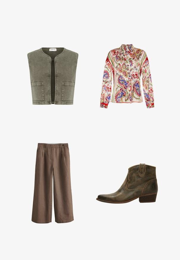 Cream CRMELANIE - Vesta - heavy washed green; Blúzka s dlhým rukávom vyrobená z ľahkej tkaniny s farebným paisley vzorom a červenými akcentmi, s golierom a gombíkovým zapínaním.; Hnedé široké nohavice s prednými záhybmi, bočnými vreckami, zapínaním na gombíky a opaskovými slučkami, vyrobené z ľahkej látky.; Hnedá kožená členková obuv s špicatou špičkou, dekoratívnym prešívaním a nízkym podpätkom. Má jemne textúrovaný povrch a úchytku.