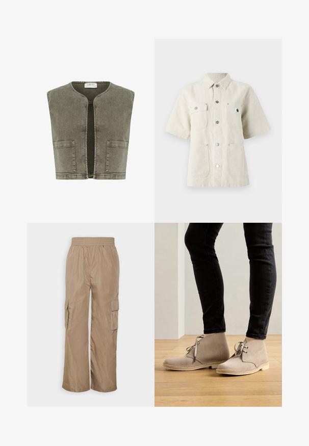 Cream CRMELANIE - Vest - heavy washed green; Kortærmet skjorte i lys beige stof, med spidse kraver, frontknapper, to brystlommer og et lille logomærke på venstre side.; Even&Odd Cargobukser - beige; Beige ruskind ankelstøvler med en rund tå, snørebåndsdesign og kontrasterende syninger, båret med sorte tætsiddende bukser på et trægulv.