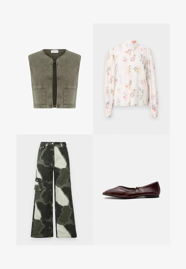 Cream CRMELANIE - Vest - heavy washed green; Kerge koššus õieelemendi särgiklõps, mis on valmistatud heledast kreemjas kangast. Omab pikki puhv-svarvikuid, kraed ja segatult värvilisi õie mustreid. Pehme tekstuur.; Laia säärega cargo püksid tumeroheline ja heegeldatud halli kamoflaažiga mustris. Omab küljetaskut ja metallnuppu, valmistatud vastupidavast puuvillamaterjalist.; Sädelev tumepruun madala kontsaga king, millel on terav nina ja väike lipsu detail peal, näidatud lihtsal heledal taustal.