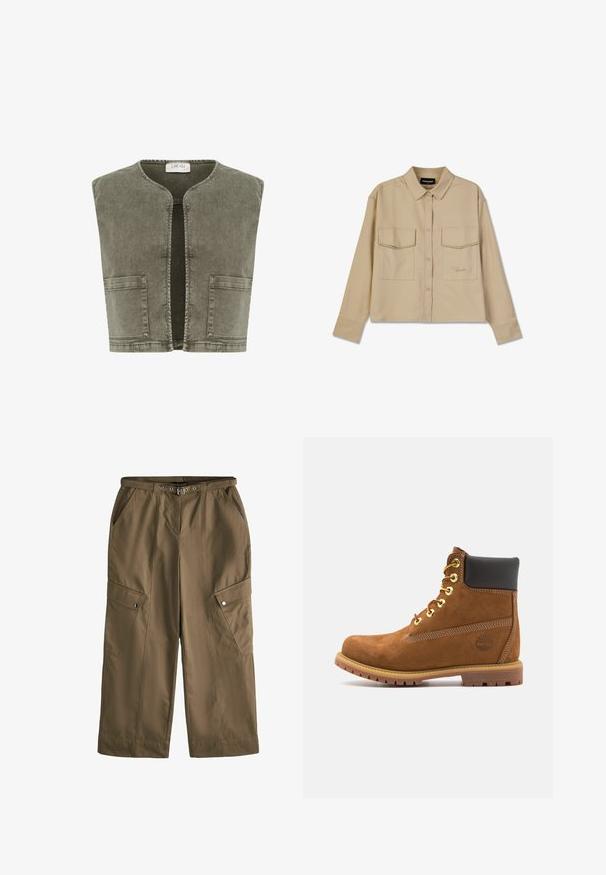 Cream CRMELANIE - Vest - heavy washed green; Bež pikk-sleeve särk, mis on valmistatud pehmest kangast, sisaldab nööbikinnitust, kahte rinnataskut ja sirget hemmi. Ees on diskreetne logode ärritus.; Pruunid cargo püksid laia jalaga, valmistatud siledast kangast. Omavad mitmeid taskuid, nööbiga lukku ja metalse aktsendiga vööd.; Pruun sitkest nahast pahkluu saapad musta pehmendusega kaela, kuldsete silmadega, nööbitev eesosa ja kummist tald, millel on tekstuuriline muster.