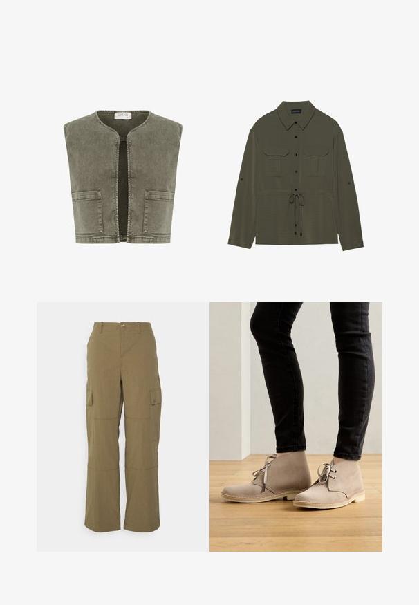 Cream CRMELANIE - Vesta - heavy washed green; Olivovo zelená košeľa s bundou, s predným zapínaním na gombíky, dvoma náprsníkovými vreckami a sťahovacím pásom v páse. Má klasický golier a dlhé rukávy.; Vero Moda Tall VMRILEY PANT - Kapsáče - dark green; Bežové zamšové členkové topánky s okrúhlou špičkou, viazaním a kontrastným šitím, nosené s čiernymi priliehavými nohavicami na drevenej podlahe.