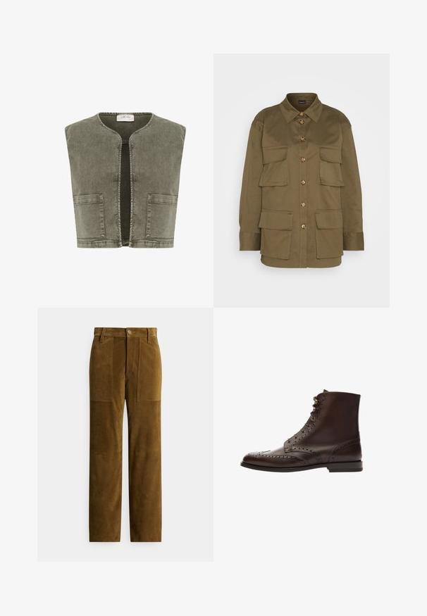 Cream CRMELANIE - Vest - heavy washed green; Gina Tricot CARGO SHIRT - Skjortebluser - khaki green; Brune ruskindsbukser med lige pasform, der har to forlommer med lap og en glat tekstur. Knappelukning i taljen.; Brune læder ankelstøvle med brogue-detaljer, rund tå og snørebåndsdesign med metaløjer. Glat tekstur og solid sål.