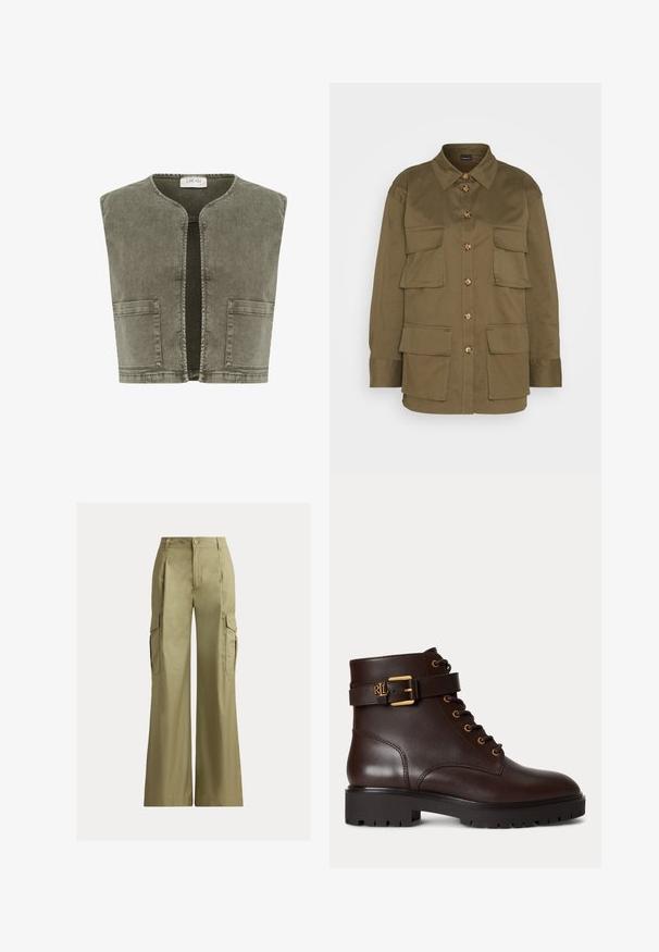 Cream CRMELANIE - Vesta - heavy washed green; Gina Tricot CARGO SHIRT - Blúzka so zapínaním na gombíky - khaki green; Khaki cargo nohavice so širokými nohavicami, vysokým pásom, zapínaním na gombík a zips, s klopovými vreckami na oboch stranách.; Tmavohnedá kožená členková topánka so šnurovaním vpredu, zlatým pásikom s prackou a hrubou čiernou podrážkou s výrazným vzorom.