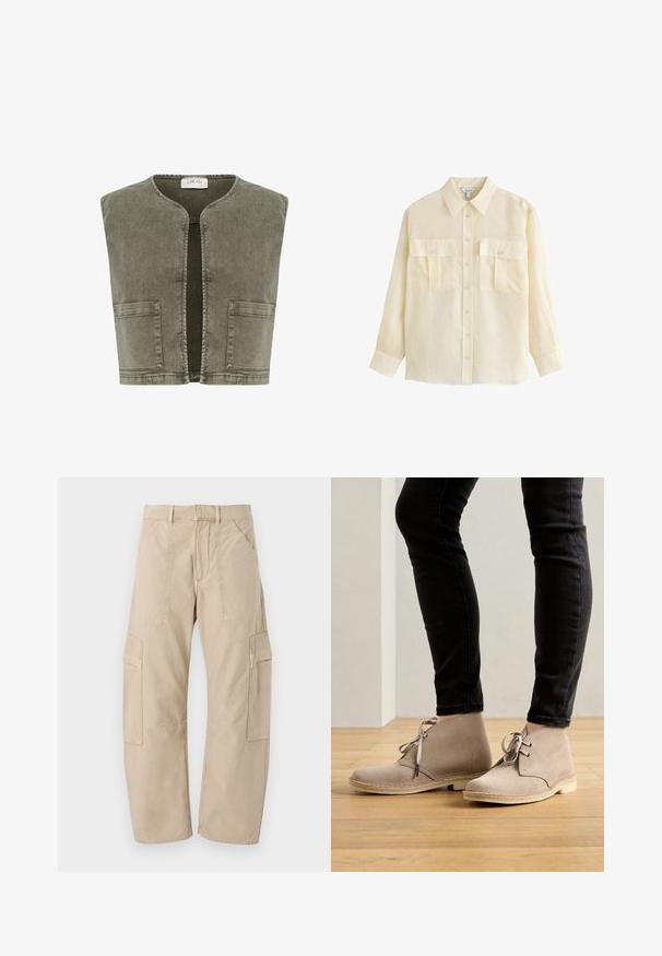 Cream CRMELANIE - Vest - heavy washed green; Beežika värvi pika varrukaga nööpidega särk krae ja kahe ees oleva nööpidega kaarditaskuga, esitatud valgel taustal.; Beežid tööpüksid mitme taskuga, sirgete säärtega, nööp- ja tõmblukuga, vööaasadega, valgel taustal.; Bež suede pahklie saapad, ümarate varvastega, nööritud disainiga ja kontrastsete õmblustega, kantud mustade kitsaste pükstega puidust põrandal.
