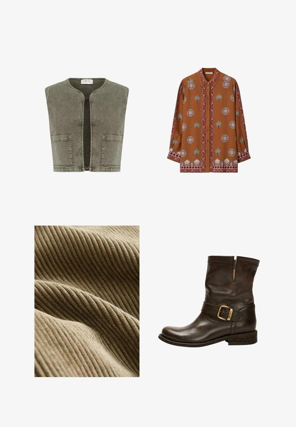 Cream CRMELANIE - Bodywarmer - heavy washed green; Bruine blouse met lange mouwen en knopen, bedrukt met roze, blauwe en witte bloemen- en palmboompatronen en een decoratieve rand langs de kraag, manchetten en zoom.; Bruin geribbeld stof met een zachte, textuurachtige oppervlakte die verticale lijnen toont, waardoor diepte ontstaat met lichte variaties in tint.; Bruine leren enkelboot met een ronde neus, zijschoenbuckle, gestikte accenten en een lage gestapelde hak. Beschikt over een kenmerkende textuur.