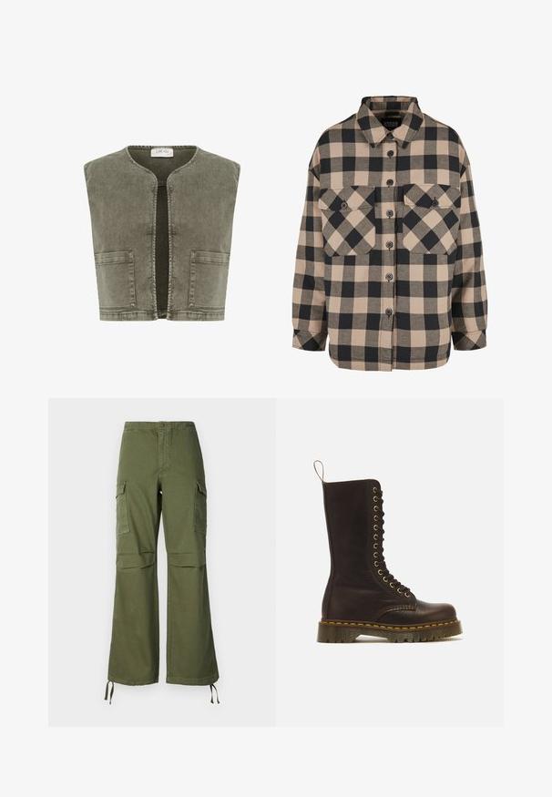 Cream CRMELANIE - Vest - heavy washed green; Bež jaquet, millel on tumehall ruuduline muster. Omab nööpidega esist, kahte rinna taskut ja langetatud kraed. Laisk sobivus.; Oliivrohelised puuvillased cargo püksid, millel on lai jalgade disain, kaks küljetaskut ja reguleeritavad nöörid ääres.; Kõrge tumepruun nahast paeltega saabas kollase õmblusega, paksu soonilise taldaga ja tagaküljel tõmblukuga.