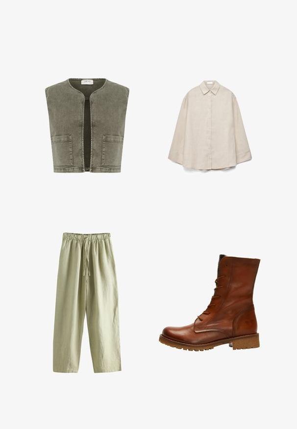 Cream CRMELANIE - Vest - heavy washed green; Beige langærmet skjorte med knapper foran, spidse kraver og løs pasform, vist fladt på hvid baggrund.; Lyse beige bukser med vide ben, elastisk talje og snøre, lavet af let stof.; Brun læder ankelstøvle med glat overflade, rund tå, snørret foran og tekstureret kant. Har en robust sål for traction.