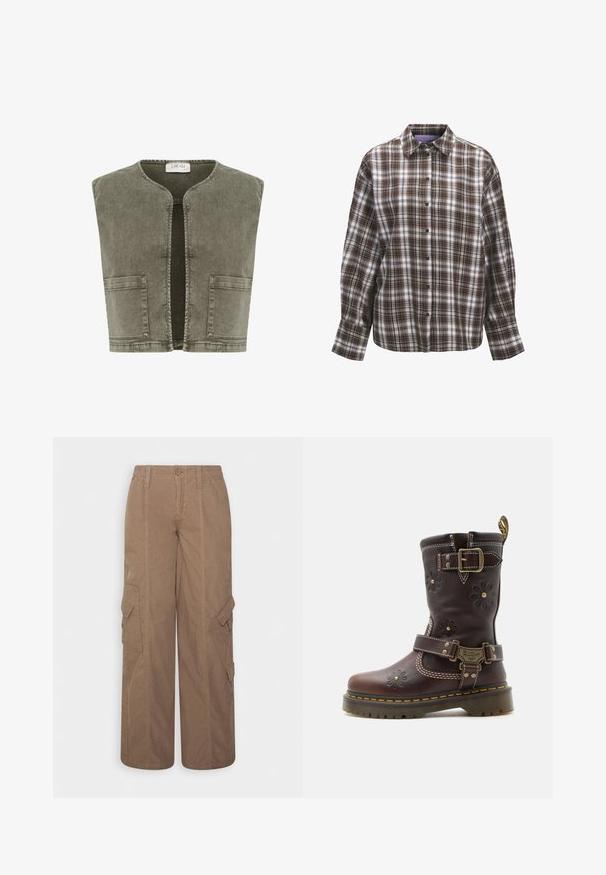 Cream CRMELANIE - Vest - heavy washed green; Brun og hvid ternet skjorte med krave, lange ærmer og knaplåsning foran. Har et tjekkermønster med varierende stripebredder og tekstur.; BDG Urban Outfitters SUMMER - Cargobukser - chocolate; Brun læderstøvle til midt på læggen med præget blomstermønster, to justerbare messing spænder, gul syning og robust sål.