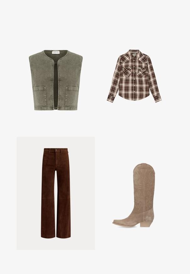 Cream CRMELANIE - Bodywarmer - heavy washed green; Bruin-wit geruit overhemd met lange mouwen en knopen, met twee voorzakken en een puntige kraag, plat liggend op een witte achtergrond.; Rechte bruine suède broek met ceintuurlussen en een knoopsluiting in de taille, getoond tegen een effen achtergrond.; Hoge beige suède westernlaars met decoratieve stiksels en een lage, schuin geplaatste houten hak, van opzij getoond tegen een witte achtergrond.