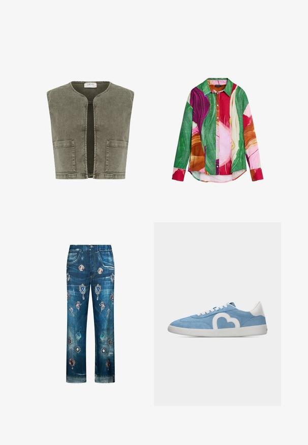 Cream CRMELANIE - Vest - heavy washed green; Värviline pikkade varrukatega särk, millel on rohelist, roosat, punast ja pruunikat abstraktset pintslitõmmete mustrit. Tavapärane krae koos nööp-kinnitusega.; Teksapüksid sirge lõikega, millel esiosas on tikitud värvilised ehete ja lillemotiivid.; Hele sinine seemisnahast tennisking valgete paelte, valge tallaga, valge kandekontsa ribaga ja valge südamekujuga logoga küljel.