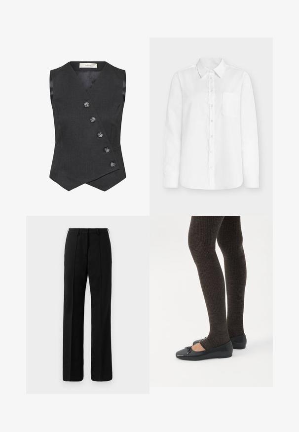 Gilet sans manches pour femme en gris foncé avec une fermeture à boutons asymétrique à l'avant et un ourlet pointu.; Chemise blanche à manches longues en coton, dotée d'un col pointu, d'une fermeture intégrale à boutons, et d'une poche poitrine gauche. Texture lisse.; Pantalons droits noirs sur mesure avec passants de ceinture et pli sur le devant, présentés sur un fond neutre.; Jambes portant des leggings côtelés foncés associés à des ballerines noires avec de petits détails en nœud sur fond blanc.
