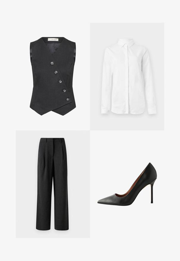 Gilet sans manches pour femme en gris foncé avec une fermeture à boutons asymétrique à l'avant et un ourlet pointu.; Chemise blanche à manches longues en coton lisse. Présente un col classique et un devant à boutons avec un ourlet droit et sans motifs.; Pantalons noirs à jambes larges en tissu texturé, dotés de plis avant et d'une taille ajustée, conçus pour une coupe décontractée.; Escarpin noir en cuir avec un bout pointu et une texture lisse. Présente un talon aiguille fin et une découpe basse sur les côtés.