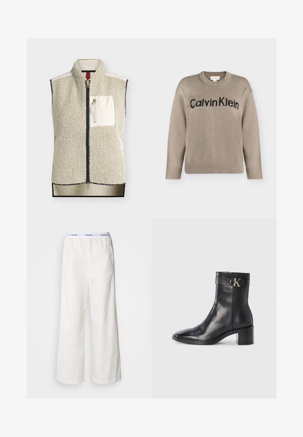 Veste sans manches beige en polaire sherpa avec fermeture éclair à l'avant, col montant et poche poitrine zippée avec panneau en tissu lisse.; Pull en tricot beige à manches longues avec poignets et ourlet côtelés, portant le logo "Calvin Klein" noir sur la poitrine.; Pantalons larges blancs avec une taille élastique arborant un logo Calvin Klein en contraste. Fabriqués à partir d'un tissu lisse, ils offrent une coupe décontractée.; Botte de cheville en cuir noir avec un bout pointu, un talon carré et une sangle avec un détail de logo métallique. Texture lisse et design minimaliste.