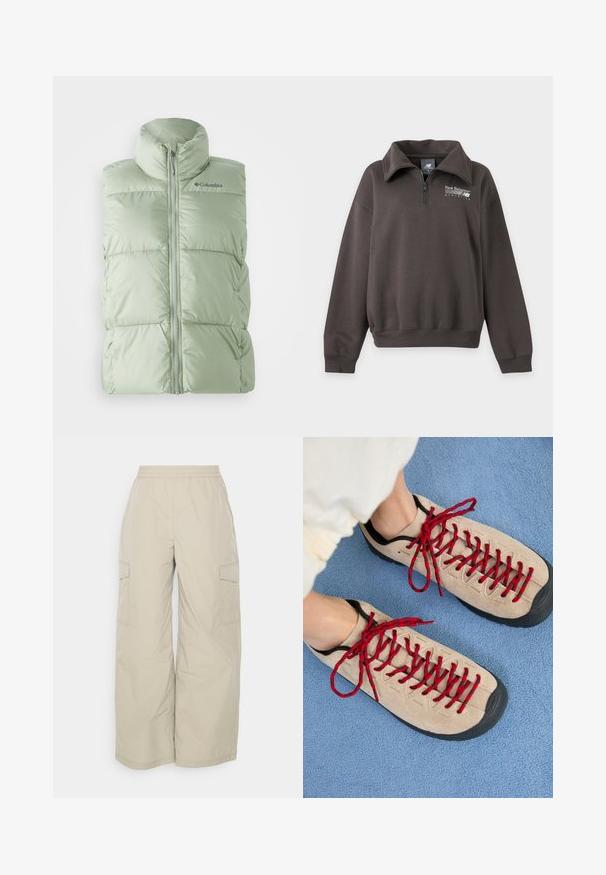 Lys grøn, puffy ærmeløs vest med høj krave, frontlynlås og en subtil ternet tekstur. Logo på øverste venstre bryst.; Mørkegrå New Balance Athletics pullover med lange ærmer og en halv lynlås krave, vist fladt på en lys baggrund.; Beige cargo bukser lavet af let materiale, med elastisk bæltelinje, brede ben og sidelommer til opbevaring.; Beige sko med røde snørebånd, placeret på en blå tekstureret overflade, delvist synliggørende en persons ankel. Skoene har et sporty design.