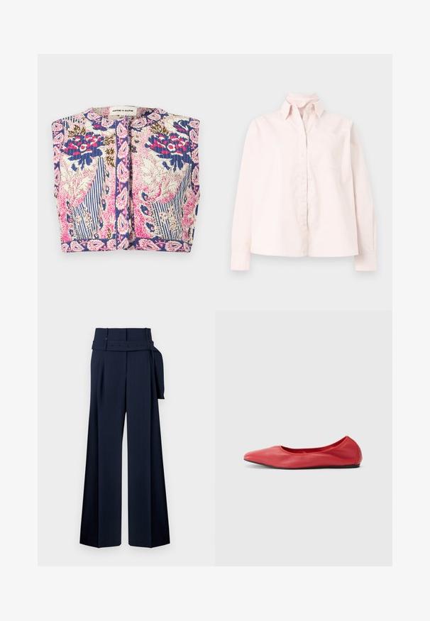 Veste courte sans manches avec texture matelassée, présentant des motifs floraux et rayés dans des tons bleus, roses, blancs et marrons, fermeture frontale à boutons.; Chemise rose clair à manches longues avec boutons sur le devant, poche avant et col, affichée sur un fond neutre.; Pantalons larges bleu marine avec taille haute, dotés d'une ceinture ornée de boutons décoratifs et de plis sur le devant, fabriqués en tissu lisse.; Filippa K REY FLATS - Ballerines - bright red