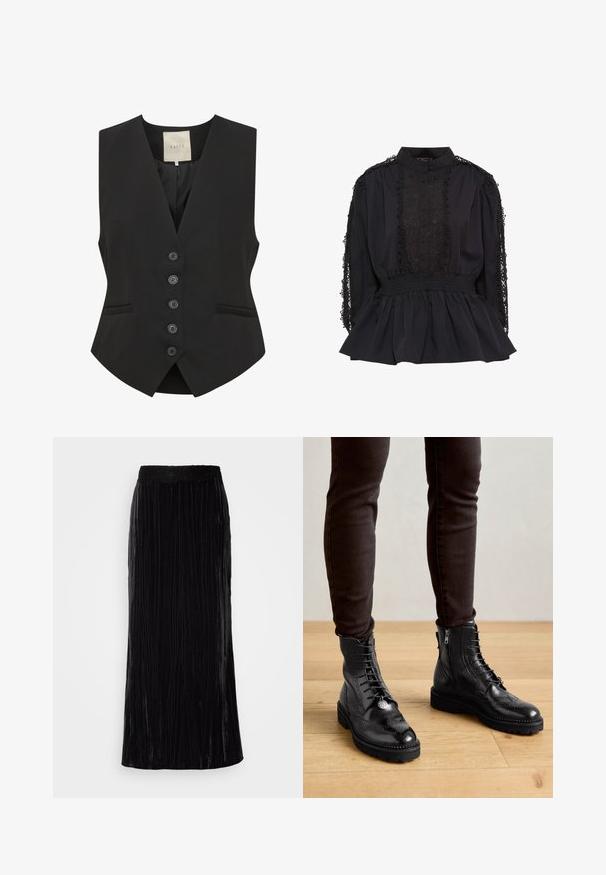 Gilet noir avec un décolleté en V, fermeture à cinq boutons sur le devant, deux poches latérales et une coupe ajustée. Fabriqué dans un tissu doux. Étiquette portant la mention "KAFFE."; Blouse noire avec un col montant, fermeture à boutons sur le devant, détails en dentelle sur les manches, taille smockée et ourlet évasé. Tissu doux avec des accents texturés.; Jupe maxi en velours noir avec des plis verticaux et une ceinture en dentelle sculptée. Le tissu a une apparence douce et texturée.; Bottines en cuir noir avec des détails de brogue, un laçage à l'avant, des fermetures éclair sur les côtés et des semelles en caoutchouc texturé. Associées à un pantalon slim noir.