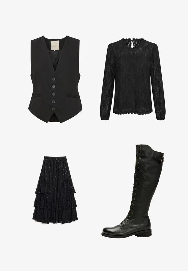 Gilet noir avec un décolleté en V, fermeture à cinq boutons sur le devant, deux poches latérales et une coupe ajustée. Fabriqué dans un tissu doux. Étiquette portant la mention "KAFFE."; Blouse en dentelle noire à manches longues avec un col rond, un ourlet festonné et un dos avec un détail en clé. Motif floral délicat sur l'ensemble.; Jupe noire à couches en dentelle texturée, présentant des volants avec une finition effilochée et des paillettes éparpillées pour plus de détails.; Botte en cuir noir hauteur genou avec un laçage à l'avant, œillets en métal argenté et boucle sur le côté. Présente une finition texturée et un talon empilé.