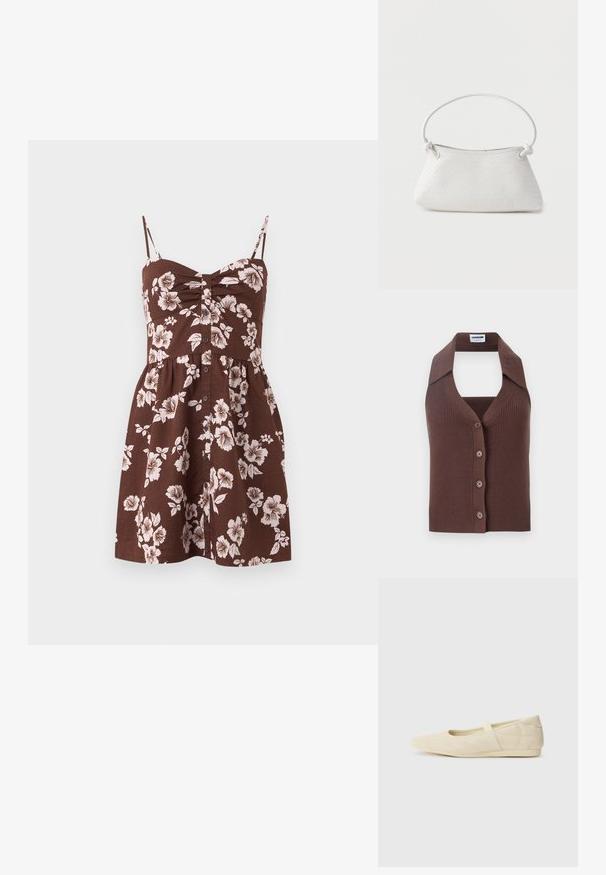 Brun, ribbet strikvest med halterneck, der har knaplukning foran og en afslappet pasform. Den korte krave tilføjer struktur til designet.; Brun ærmeløs kjole med tynde stropper, knapper foran og hvidt blomsterprint, med smocket bryst og skørt med vidde.; Lysebrune ballet flats med en glat læderoverflade, mandelformet tå og elastisk rem over vristen, med diskrete syninger.; Hvid fletlæderhåndtaske med afrundet håndtag og ender på remmen, der er knyttet, vist mod en ensfarvet baggrund.