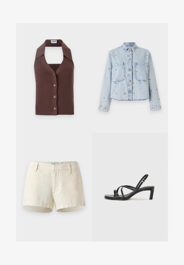 Brun, ribbet strikvest med halterneck, der har knaplukning foran og en afslappet pasform. Den korte krave tilføjer struktur til designet.; Lyseblå denimjakke med blomsterbroderi, har to forlommer, knaplukning og krave. Casual fit med syet kant.; Lys beige shorts lavet af linned. Har en flad talje, frontlommer og en ren kant. Simpelt, minimalistisk design.; Sort remsandale med firkantet tå og en lav blokeret hæl. Har flere tynde stropper og en justerbar ankelrem. Fremstillet af glat læder.