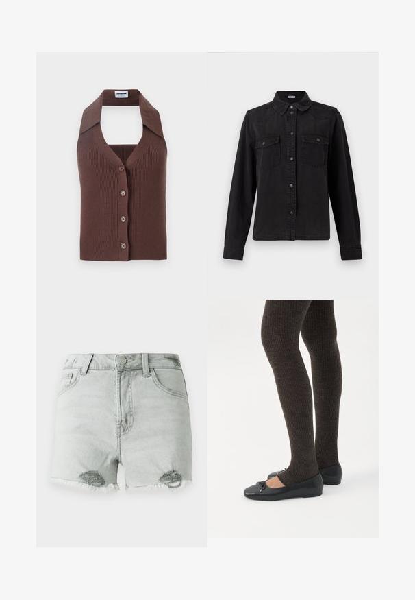 Brun, ribbet strikvest med halterneck, der har knaplukning foran og en afslappet pasform. Den korte krave tilføjer struktur til designet.; Sort denim skjorte med knapper og lange ærmer, to brystlommer med klap og en klassisk krave på en hvid baggrund.; Lys grå denimshorts med høj talje, slidte detaljer og fransede kanter, samt to frontlommer. Stoffet ser blødt og slidt ud.; Ben iført mørke ribbede leggings kombineret med sorte balletsko med små sløjfedetaljer på hvid baggrund.