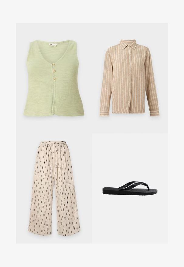 Haut sans manches vert clair avec un décolleté en V, trois boutons sur le devant et un tissu en tricot texturé. Design simple et décontracté.; Chemise beige à manches longues avec des rayures blanches verticales et un col pointu.; Pantalons larges beige avec une taille à nouer, ornés d'un motif de losanges noirs. Fabriqués dans un tissu léger pour plus de confort.; Tongs en caoutchouc noir avec semelle texturée et bride en Y lisse sur un fond clair uni.