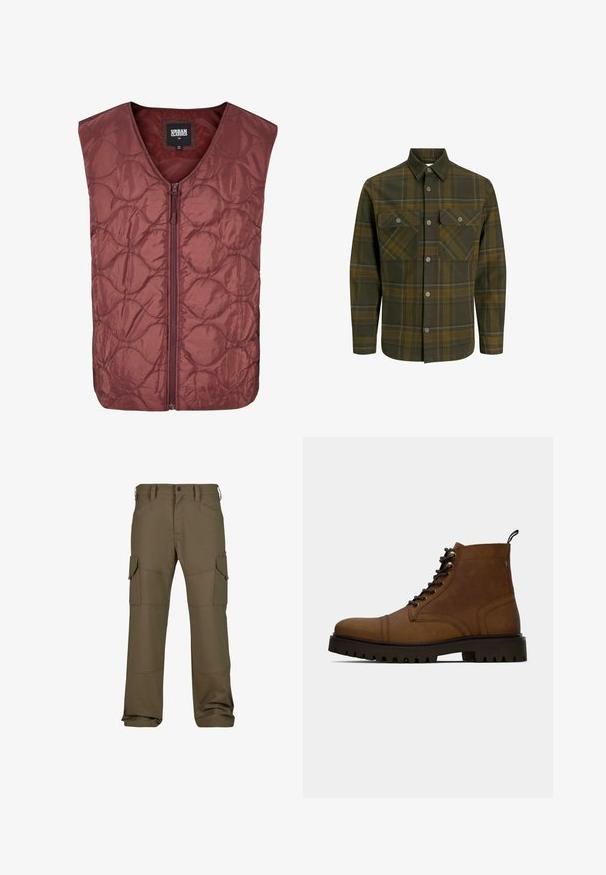 Burgundia tikanditud vest kapuutsita ja lukuga esiosas. Omab varrukanetagust disaini ja ringikujulist õmblemismustrit kangal.; Olive roheline ruuduline särk pehmest kangast, millel on kaks rinna taskut, nupuga esikinnitus ja kontrastsed kollased detailid mustris.; Tumed oliivrohelised cargo-püksid, millel on mitmed taskud, tugevdusõmblused, sirge lõige ja sile tekstuuriga kangas.; Pruuni nahast sidumisega pahkluusaapad paksu musta rakendusepidisega tallaga ja tõmbenööbiga valge taustal.
