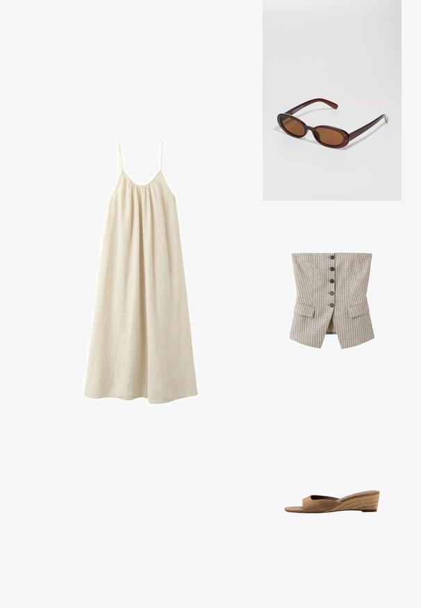 Gilet style corset à carreaux beige et gris avec cinq boutons noirs au centre et deux poches à rabat près du bas.; Robe maxi beige ample et sans manches, avec fines bretelles spaghetti et encolure froncée, confectionnée dans un tissu léger texturé.; Sandale mule en daim marron à bout ouvert avec un petit talon compensé tressé et une bride arrière fermée.; Lunettes de soleil rondes teinte brun avec une monture bordeaux brillante. Branches fines avec un détail de marque subtil. Design de verres plats.