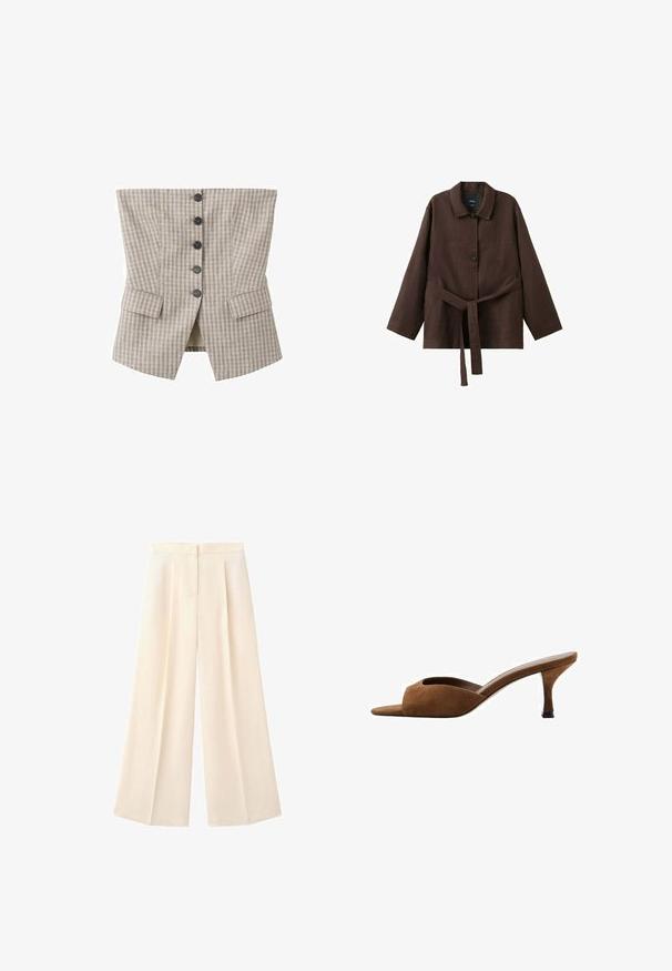 Gilet style corset à carreaux beige et gris avec cinq boutons noirs au centre et deux poches à rabat près du bas.; Veste marron foncé à manches longues avec col, deux boutons et une ceinture assortie en tissu nouée à la taille.; Pantalon crème taille haute à jambes larges avec plis devant et fermeture dissimulée par boutons et zip.; Mule ouverte en suède marron avec un petit talon bottine et une conception facile à enfiler.