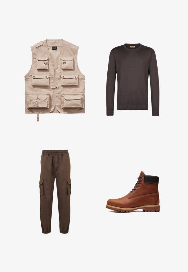 Beige cargo vest lavet af slidstærkt stof, med flere lommer med klapper, lynlås og krave. Accenter inkluderer metaltrykknapper og ringe.; Brun langærmet sweater lavet af blødt strikmateriale, med en rund hals og ribbede manchetter og kant. Enkel, ensfarvet design.; Brune cargobukser lavet af bomuld, med elastisk talje, snor og flere sidelommer. Opsmøgede kanter giver en tætsiddende pasform.; Brun læderstøvle med snørebånd, sort polstret krave, tyk tan sål og præget trælogo på hælsiden.