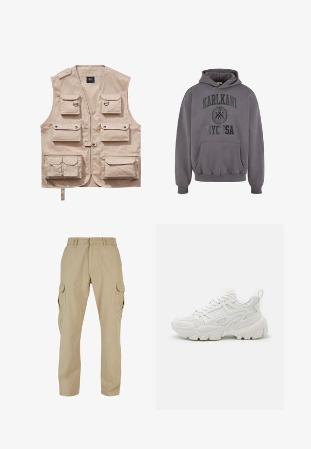 Beige cargo-vestti, joka on valmistettu kestävästä kankaasta ja jossa on useita taskuja läpillä, vetoketjukiinnitys ja kaulus. Koristeina metalliset nepparit ja renkaat.; Harmaa huppari, jossa etutasku, suuri KARL KANI -logo painettuna rintaan sekä ribbireunat hihansuissa ja helmassa. Pehmeä kangas.; Beige cargo-housut, jotka on valmistettu puuvillatwillistä, sisältävät useita sivutaskuja, suoran lahkeen muotoilun ja vetoketjukiinnityksen, jossa on vyölenkit.; Valkoiset urheilusneakerit, joissa on teksturoitu pinta, verkko-osat, näyttävä kumipohja ja koristeelliset leikaukset sivuilla.