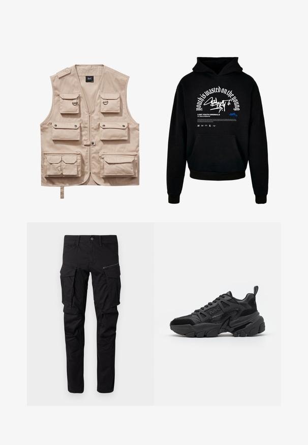 Beige Cargo-Weste aus strapazierfähigem Stoff, ausgestattet mit mehreren Taschen mit Klappen, einem Reißverschluss und einem Kragen. Akzente sind metallene Druckknöpfe und Ringe.; Schwarzer Kapuzenpullover mit Fronttasche. Ausgestattet mit fettem weißen Text und Grafikdesign. Hergestellt aus weichem Material, mit gerippten Bündchen und Saumabschlüssen.; Schwarze Cargo-Hosen aus strapazierfähigem Stoff, mit mehreren Seitentaschen, einer Reißverschlusstasche, schmal zulaufenden Beinen und verstärkten Nähten.; Schwarze Sneakers mit einer Kombination aus glatten und strukturierten Materialien, einer klobigen Sohle, Schnürdesign und markanten seitlichen Akzenten.