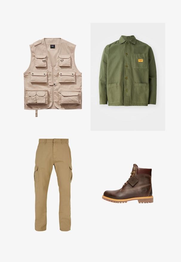 Chaleco cargo beige hecho de tejido resistente, con múltiples bolsillos con solapas, cierre de cremallera y cuello. Los detalles incluyen botones de presión metálicos y anillos.; Chaqueta verde oliva de algodón pesado, con cuello puntiagudo, botones frontales y dos grandes bolsillos de parche. Incluye un pequeño parche con el logo.; Pantalones cargo beige con dos bolsillos laterales, diseño de pierna recta, hechos de tela duradera, con detalles de costura y presillas para el cinturón.; Botín de cuero marrón hasta el tobillo con punta redonda, suela resistente, herrajes en tono dorado y parte superior texturizada. Incluye una etiqueta con el logo adjunta.